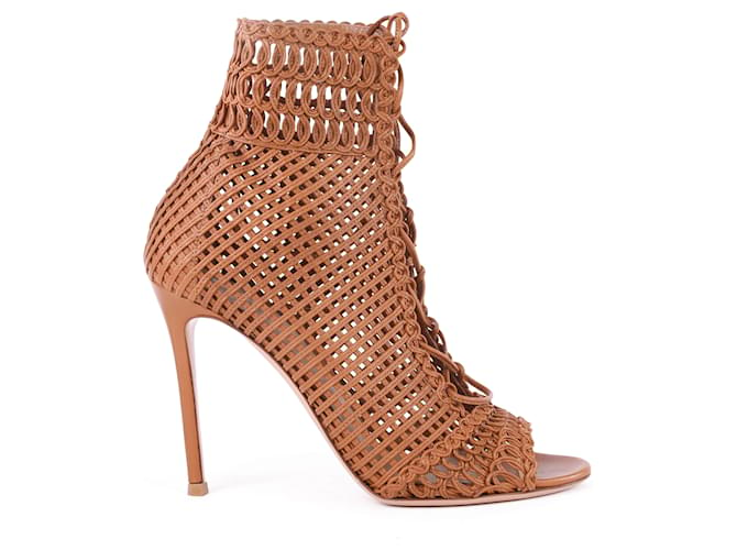 Gianvito Rossi Tan Leather Woven Peep-Toe Ankle Boots Brown Beige  ref.349396