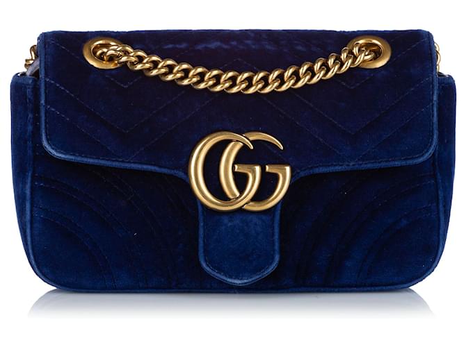 Bolso bandolera de terciopelo azul Gucci Mini GG Marmont Matelasse Metal Paño  ref.349576