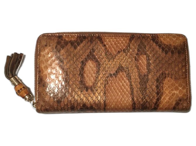 Gucci Wallet Python Print Brown and Orange Leather Gold hardware