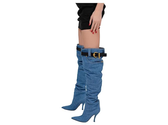 Versace Over the knee boots Blue Leather Cotton Denim  ref.351205