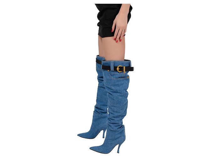 Stivali sopra il ginocchio Versace in pelle e denim blu