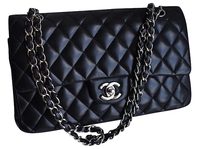 Timeless Chanel Classic Medium Black Dbl Flap Bag Silver hardware Leather Lambskin  ref.351234