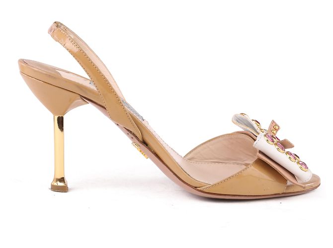 Prada Nude Patent Leather Crystal Studded Bow Slingback Sandals
