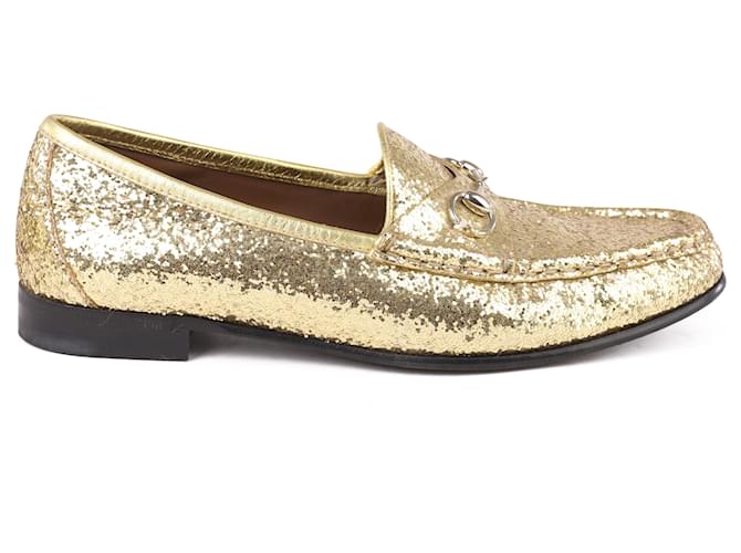 Gucci Gold Glitter Leather Horsebit Loafers Golden Metallic  ref.351791