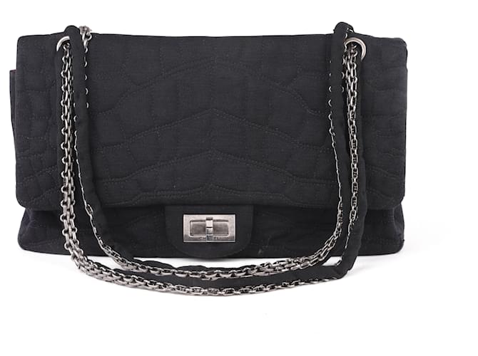 Mademoiselle Chanel Black Fabric Croc Embossed 2.55 REISSUE FLAP BAG Cotton  ref.351798 - Joli Closet