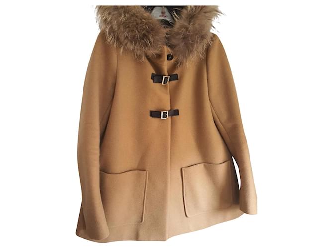 Maje Coat Brown Light brown Leather Wool Fur  ref.352003