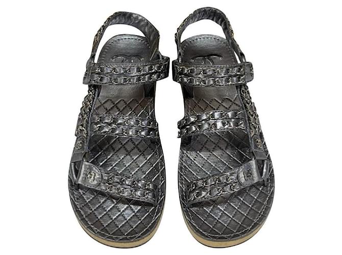 Chanel Metallic Chain Sandals EU36.5 Prata Couro  ref.352084
