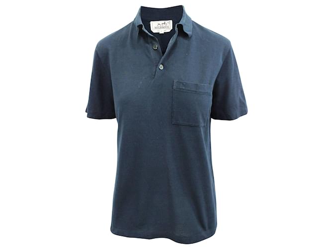 Hermès Marineblaues Polohemd mit H-Stickerei und Knöpfen Baumwolle  ref.352492