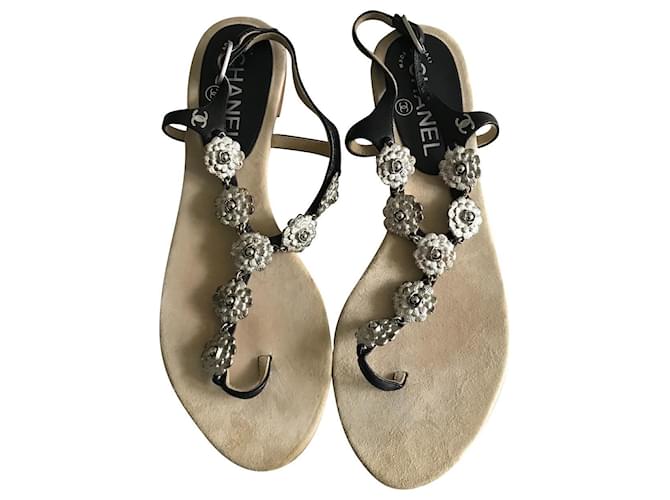 Chanel Camelia Thongs Sandals Black Silvery Leather Metal  ref.352945