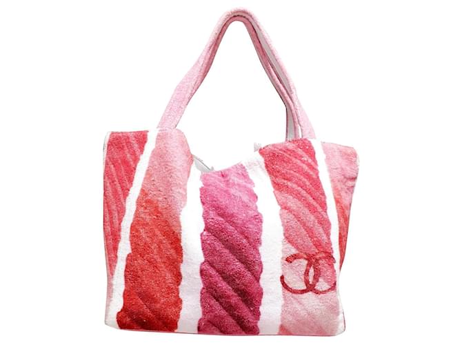 Chanel Einkaufstasche Pink Weiß Fuschia Baumwolle  ref.352980