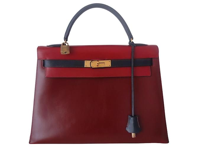 Hermès Hermes Kelly Tasche 32 Tricolor Rot Bordeaux Marineblau Leder  ref.353012