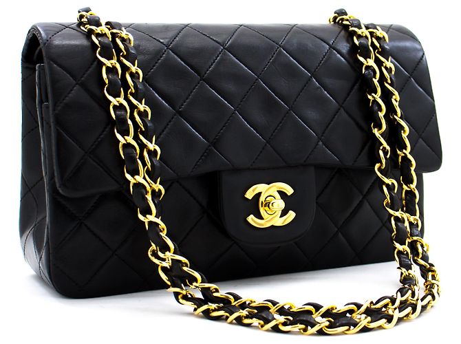 Chanel 2.55 lembo foderato 9" Borsa a tracolla con catena in pelle di agnello nera oro Nero