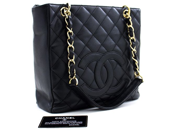 CHANEL Caviar PST Chain Shoulder Bag Compras Tote Preto Acolchoado