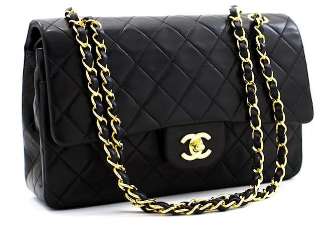 Chanel 2.55 gefütterte Klappe 10"Chain Shoulder Bag Black Lambskin Schwarz Leder  ref.354988