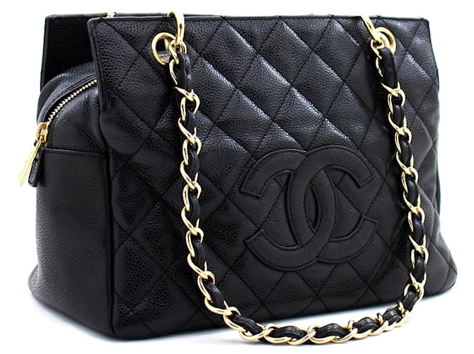 CHANEL Caviar Chain Shoulder Bag Shopping Tote Black Quilted Gold Leather  ref.354989