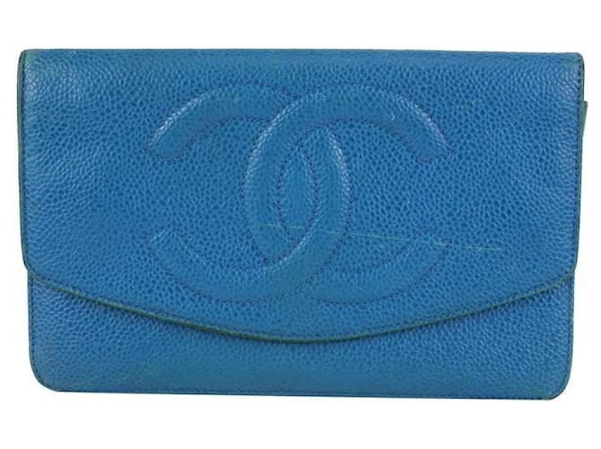Classique Chanel Grand portefeuille à rabat intemporel avec logo CC Caviar bleu Cuir  ref.355484