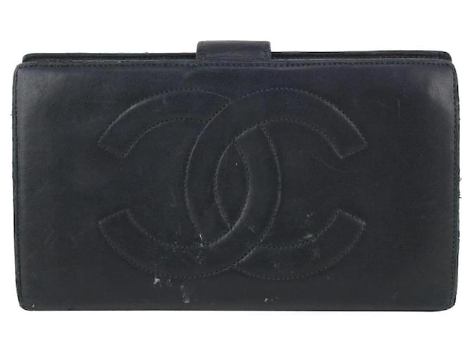 Chanel Portefeuille à rabat à deux volets en cuir d'agneau noir CC Logo  ref.355492