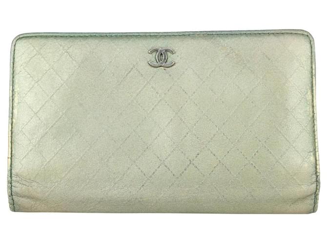 Chanel Quilted Metallic Green Leather Long Bifold Flap Wallet  ref.355497