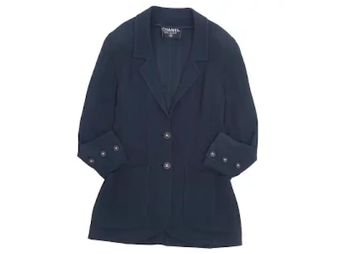(Usava) Jaqueta blazer vintage Chanel CHANEL com marca Coco botão externo feminino S equivalente marinho vintage vintage Azul marinho Lona  ref.355527