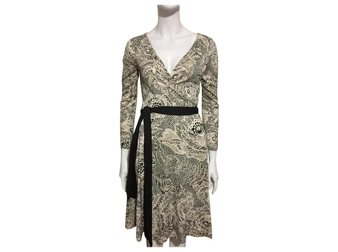 Diane Von Furstenberg DvF Camelita vintage silk wrap dress Black Cream  ref.355788