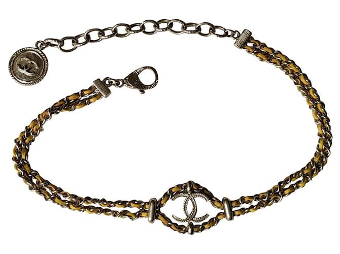 Chanel CC Logo Leather Choker Necklace / Bracelet Yellow Metal ref