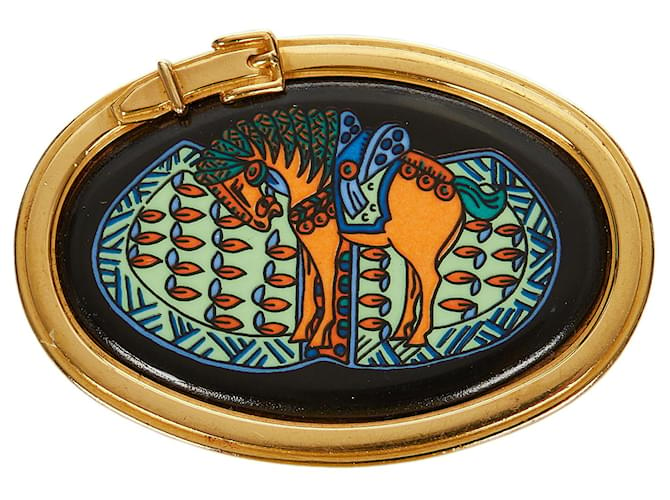 Hermès Broche de Cavalo Hermes Gold Multicor Dourado Metal  ref.356528