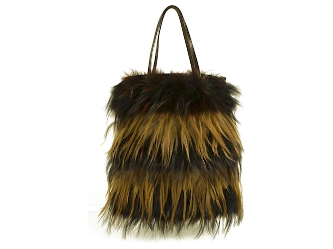 Fendi Long Hair Fox Stripped Fur Brown Leather Shoulder Bucket Tote Bag Handbag  ref.356678