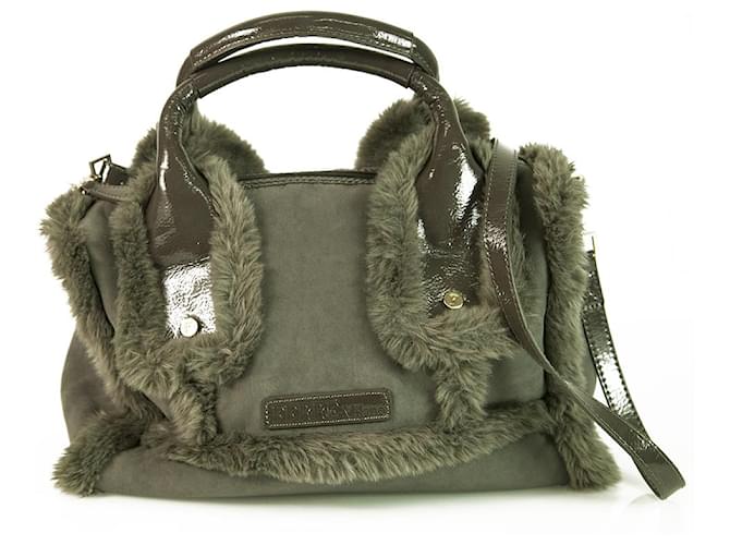Gianfranco Ferré Ferre Milano Gray Shearling Fur & Patent Leather Satchel Shoulder Bag Handbag Grey  ref.356829