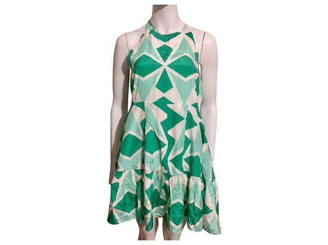 Autre Marque Vestido de seda verde y blanco