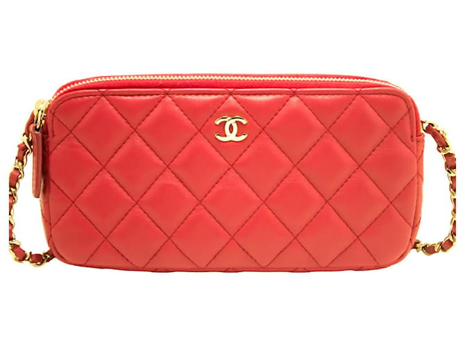 Wallet On Chain Portafoglio Chanel su catena Rosso Pelle  ref.357567