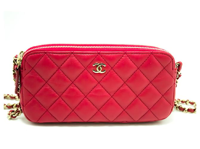Wallet On Chain Portafoglio Chanel su catena Rosso Pelle  ref.357572