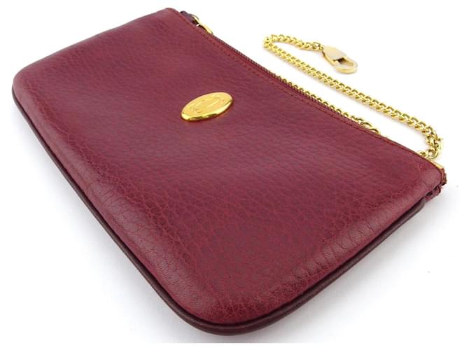 [Used] Cartier Pouch Makeup Pouch Women's Men's Mastline with Chain Bordeaux Gold Leather Cartier Red Golden  ref.357618