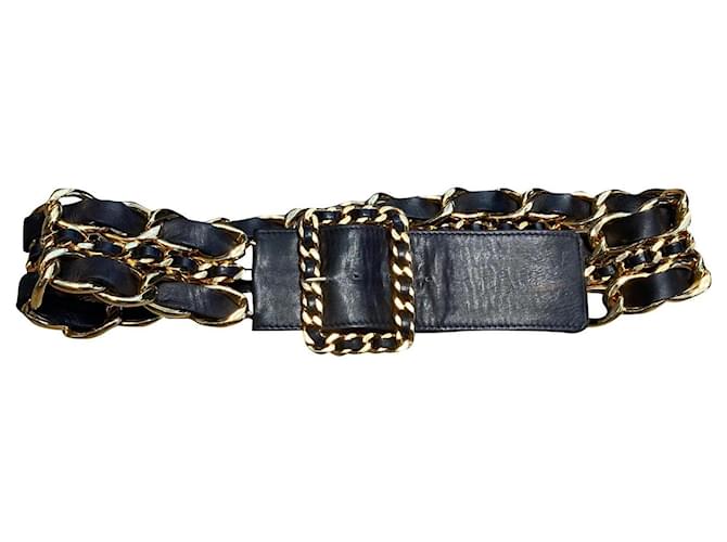 Chanel Cinturones Negro Dorado Cuero Metal  ref.357644
