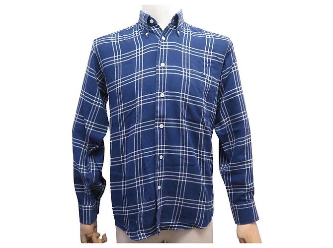 Hermès NEUF CHEMISE HERMES M 39 A CARREAUX EN COTON MARRON NEW COTTON SHIRT Bleu