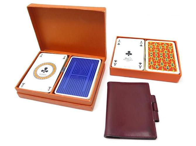 Hermès LOT HERMES COVER AGENDA PM RED LEATHER + 4 DIARY COVER CARDS GAMES Dark red  ref.357849