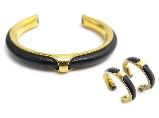 Hermès VINTAGE HERMES KYOTO BRACELET 17 cm + 2 rings 50 GOLD METAL & RONG BLACK LEATHER Golden  ref.357927