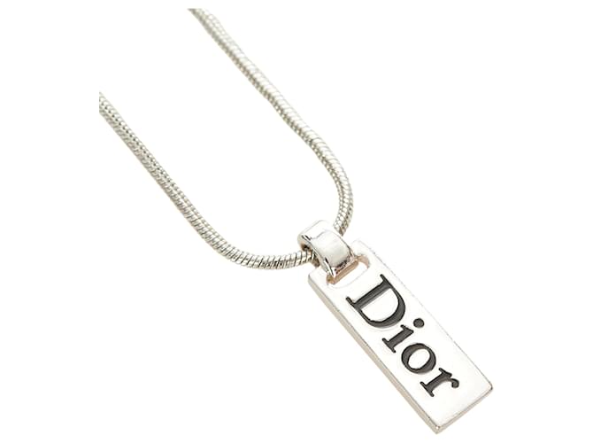 Dior Silver Logo Plate Pendant Necklace Silvery Metal  ref.358061