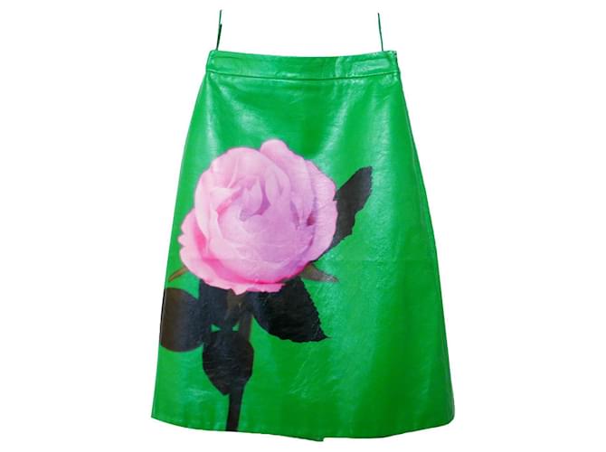 Prada AW19 Rose Painted Green Leather Leather Skirt  ref.358589
