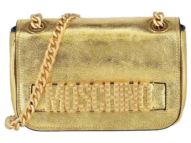 Moschino Logo Leather Shoulder Bag Golden Metallic  ref.358964