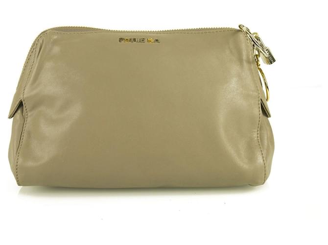 PAULE KA taupe leather with ring zipper pulls & padlock Clutch bag Handbag Grey  ref.359169