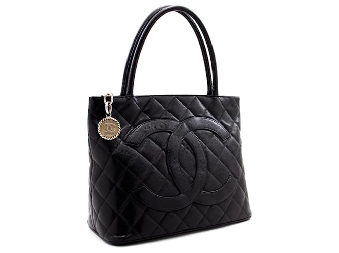 CHANEL Silver Medallion Caviar Shoulder Bag Shopping Tote Black Leather  ref.359222