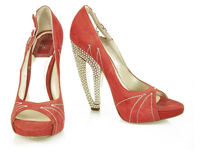 Christian Dior Red Suede Leather Peep Toe Pumps Rhinestone Heel Shoes sz 37.5  ref.359742
