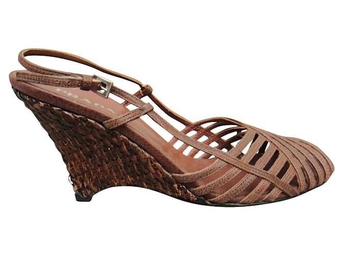Prada p sandals 39,5 New condition Dark brown Leather Wicker  -  Joli Closet