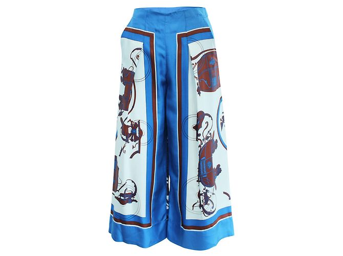 Hermès Calças estampadas de carruagem de seda Azul