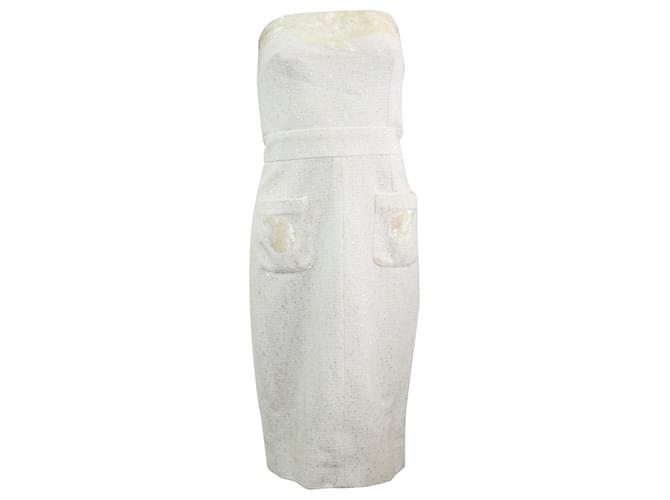 Timeless Chanel Weißes trägerloses Kleid mit Perlmutt-Details Baumwolle  ref.359965