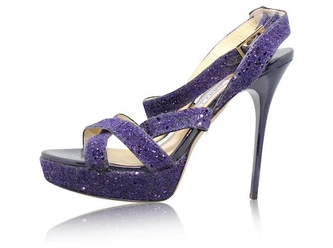Jimmy Choo Scarpe con tacco a tomaia incrociate con glitter viola Porpora  Pelle ref.360216 - Joli Closet