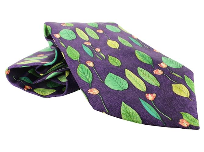Alfred Dunhill Cravate en soie violette à imprimé feuilles  ref.360412
