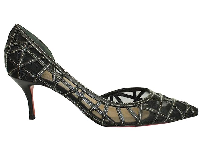 Christian Louboutin Tacones puntiagudos de encaje Negro Cuero  ref.360848