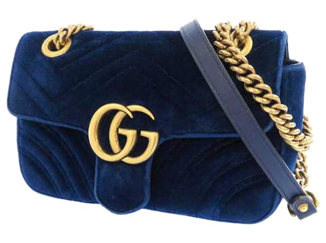 Bolso bandolera de terciopelo azul Gucci Mini GG Marmont Matelasse Metal Paño  ref.360931