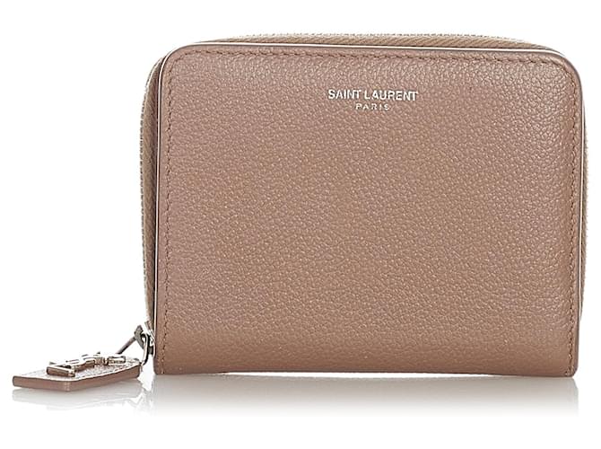 YVES SAINT LAURENT Monogram Compact Leather Zip Wallet Grey